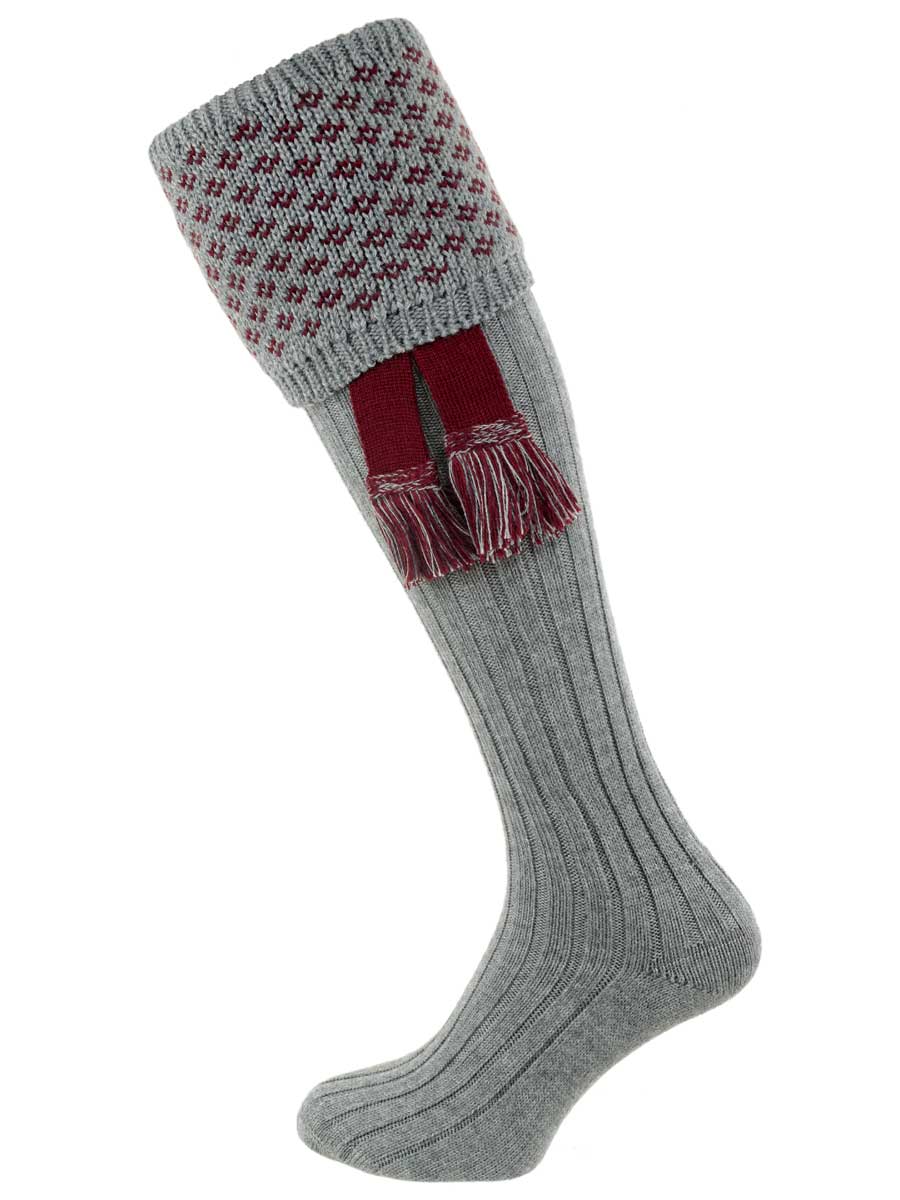 The Boughton Shooting Sock, Mid Grey & Burgundy
