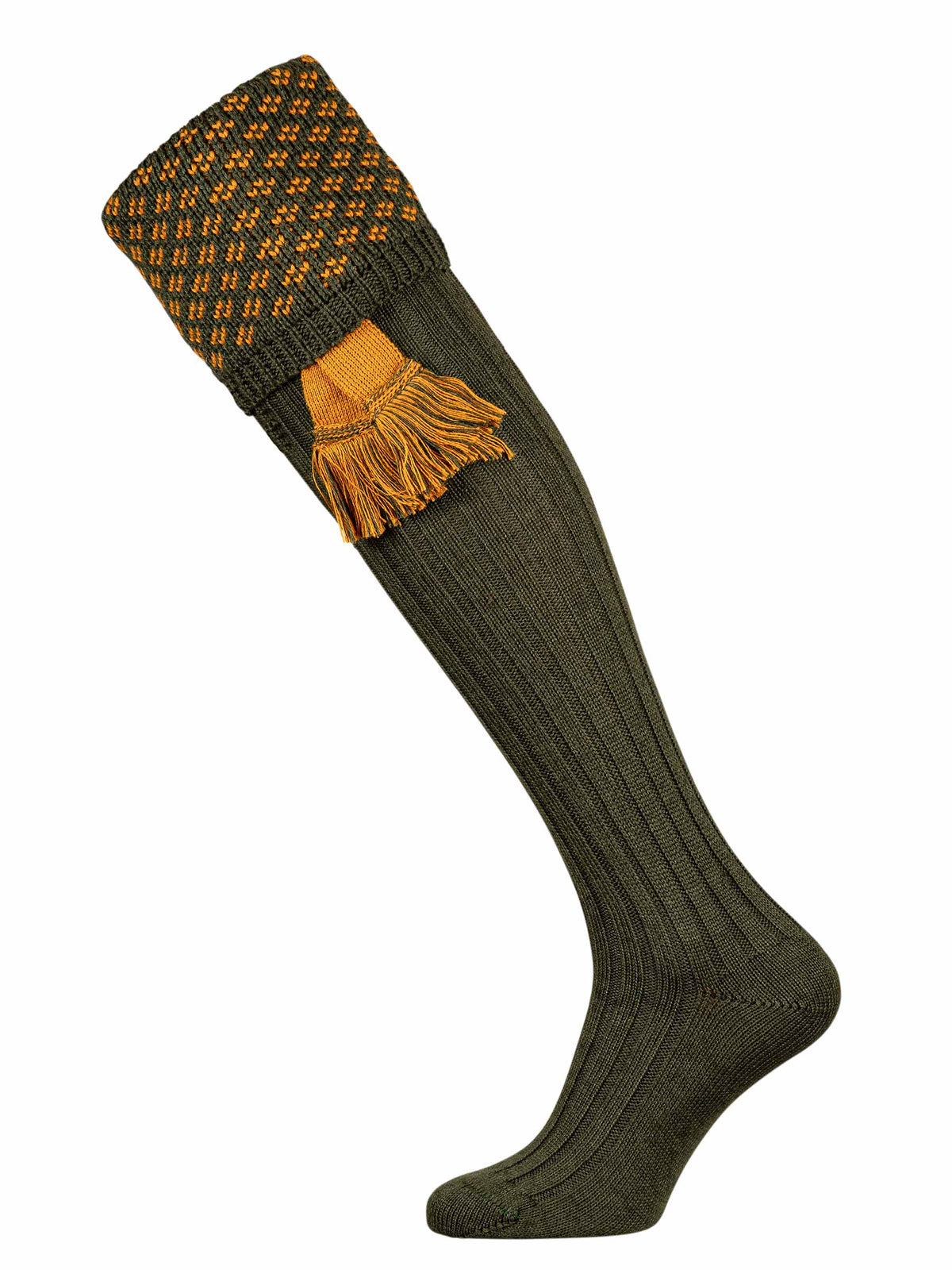 The Boughton, Dark Green Shooting Sock with Ochre Pattern
