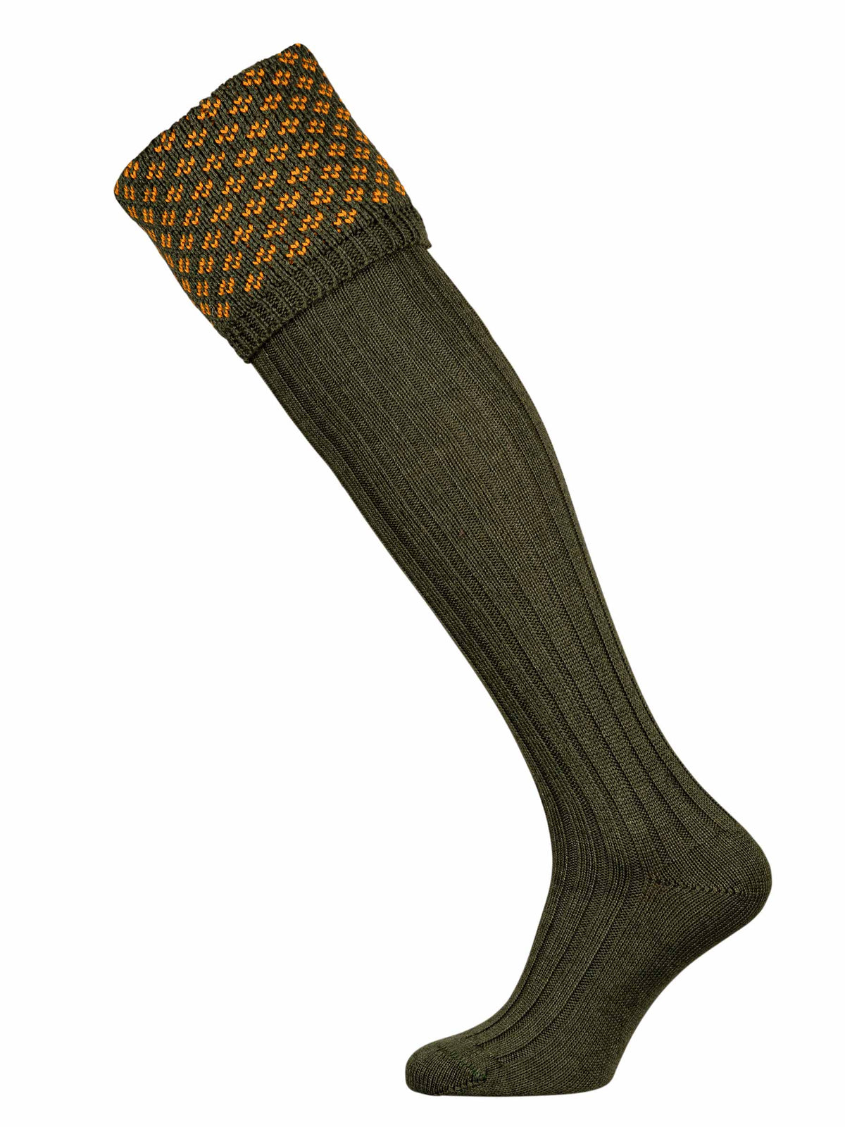 The Boughton, Dark Green Shooting Sock with Ochre Pattern