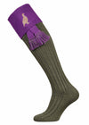 The Lomond Shooting Sock with Embroidered Grouse Bird. Lichen Green with Orchid Turnover and optional green garter tie