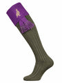 The Lomond Shooting Sock with Embroidered Grouse Bird. Lichen Green with Orchid Turnover and optional green garter tie