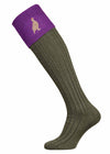 The Lomond Shooting Sock with Embroidered Grouse Bird. Lichen Green with Orchid Turnover.