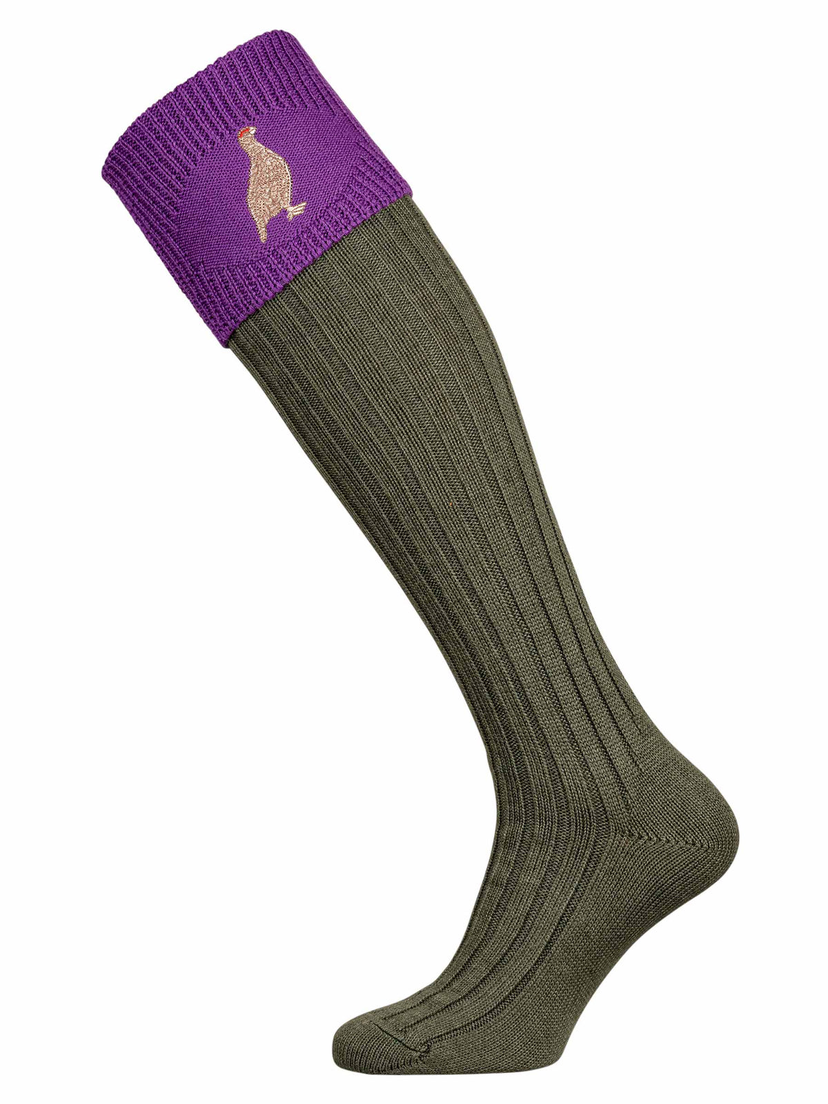 The Lomond Shooting Sock with Embroidered Grouse Bird. Lichen Green with Orchid Turnover.