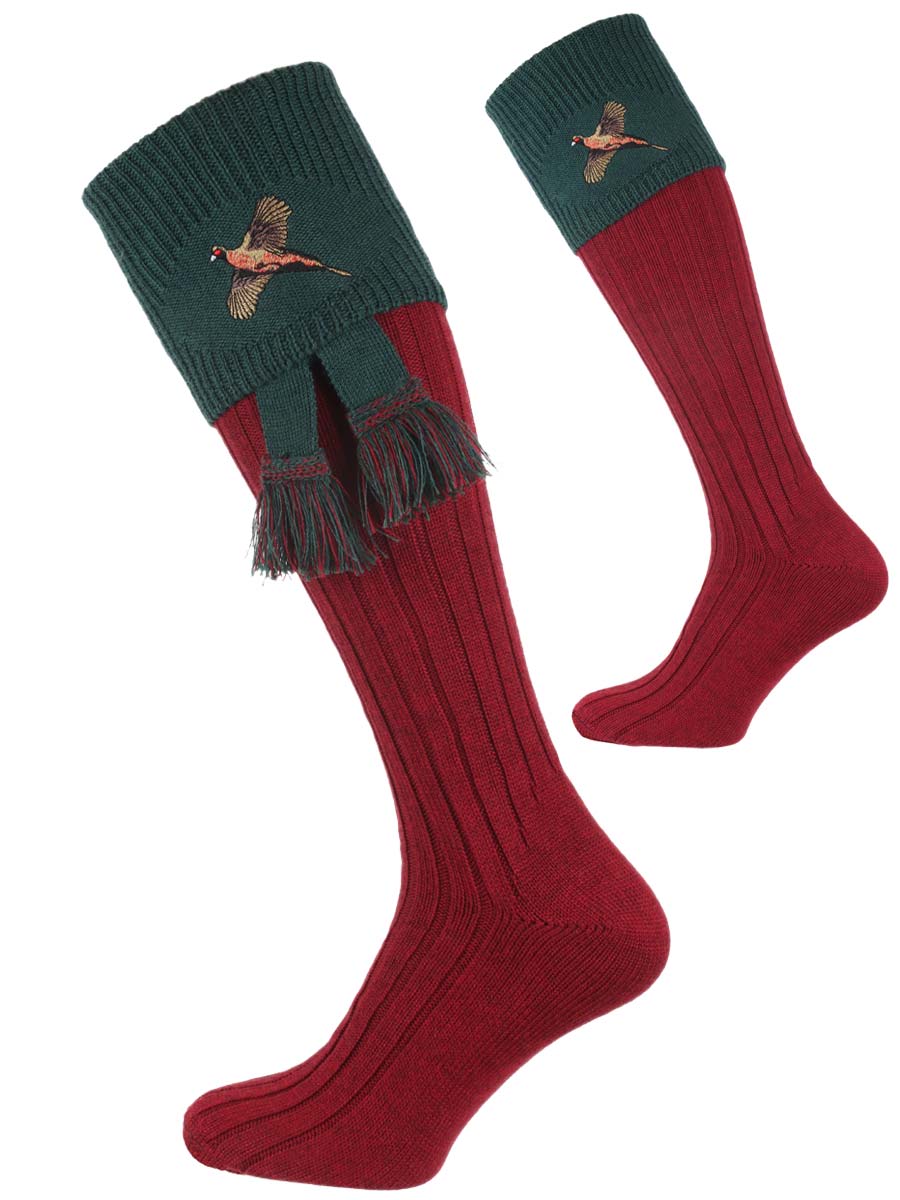 The Lomond Shooting Sock with Pheasant Embroidery, Cherry & Forest