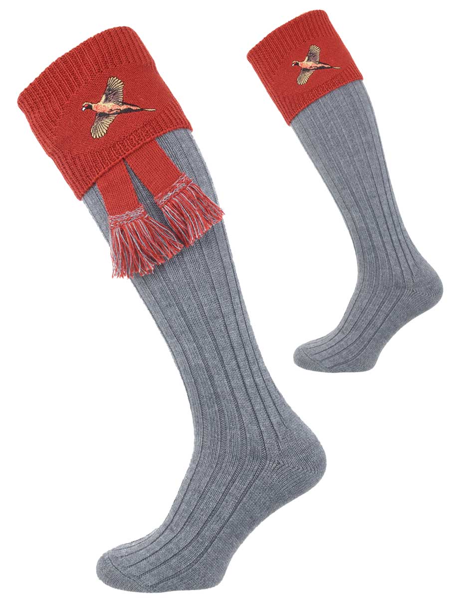 The Lomond Shooting Socks with Embroidered Game Bird Detail, Mid Grey & Paprika