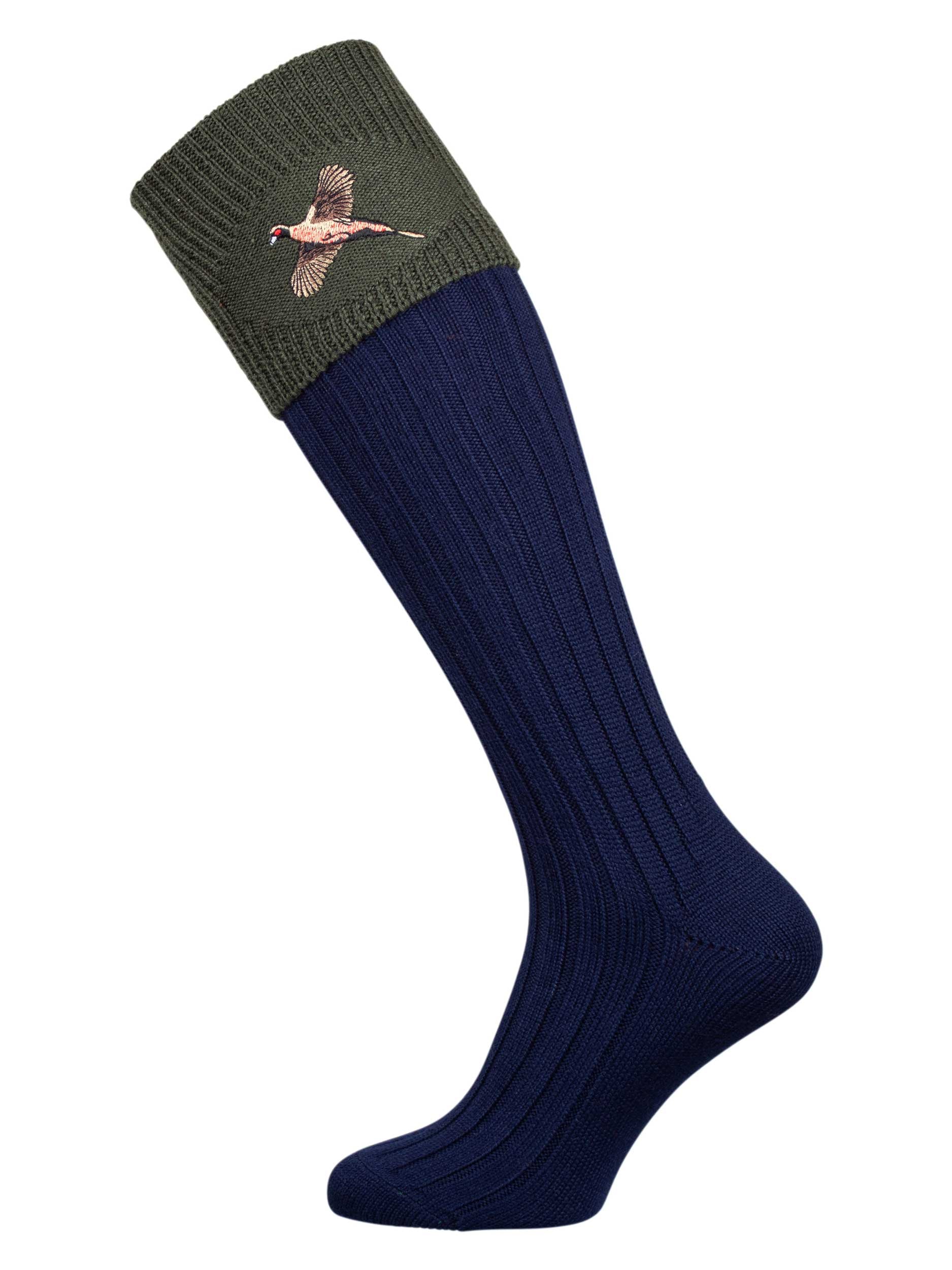The Lomond Shooting Socks with Pheasant Embroidery, Navy & Spruce