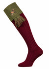 The Lomond Shooting Sock with Embroidered Pheasant Detail and optional garter tie. Burgundy leg with green turnover