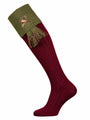The Lomond Shooting Sock with Embroidered Pheasant Detail and optional garter tie. Burgundy leg with green turnover
