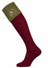 The Lomond Shooting Sock with Embroidered Pheasant Detail. Burgundy leg with green turnover