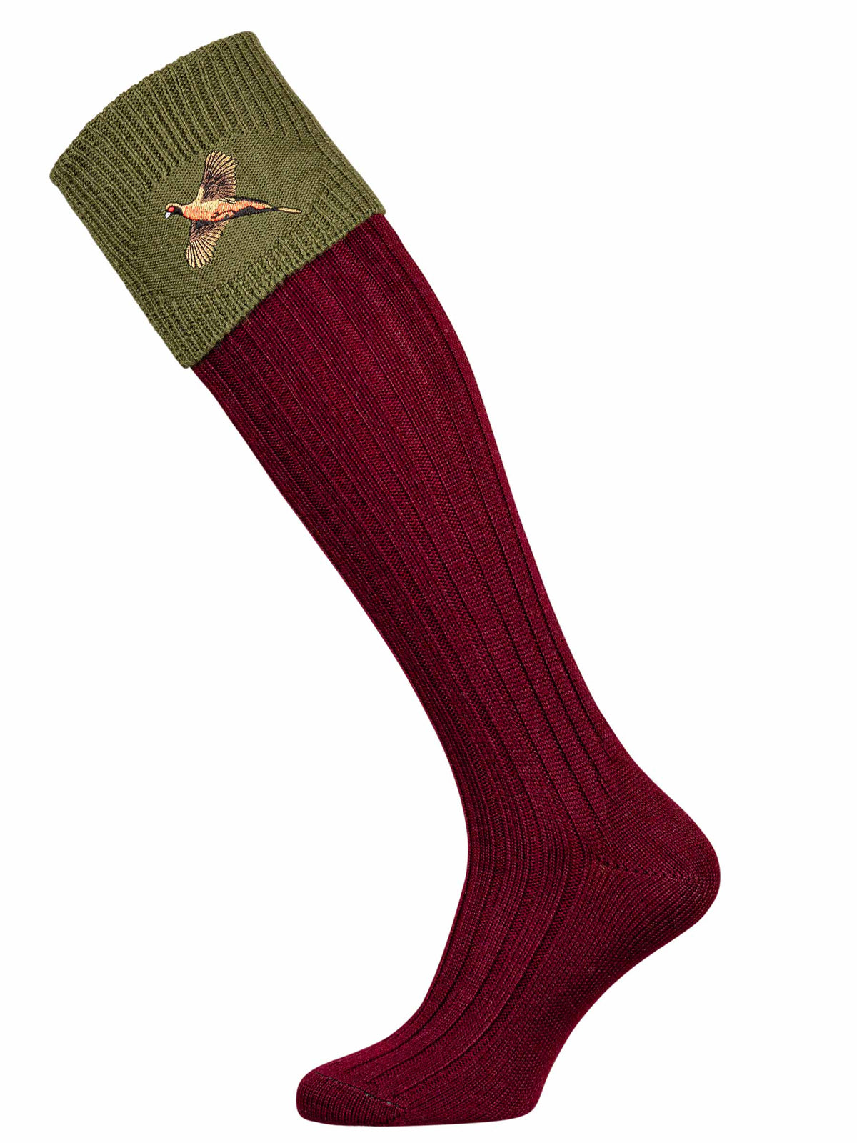 The Lomond Shooting Sock with Embroidered Pheasant Detail. Burgundy leg with green turnover