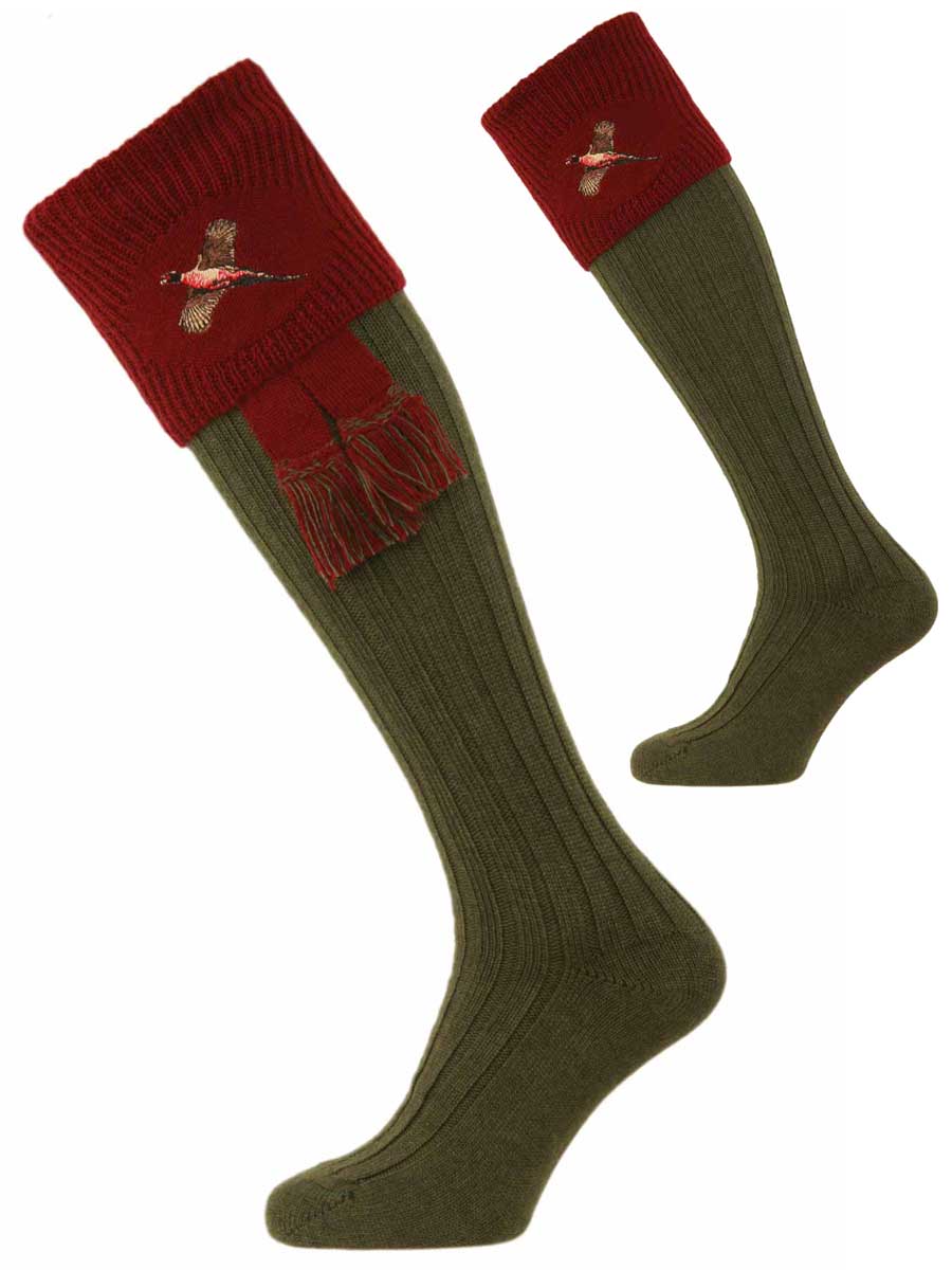 The Lomond Shooting Sock with Pheasant Embroidery - Spruce & Burgundy