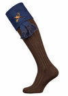 The Lomond Shooting Sock with Pheasant Embroidery and optional garter Truffle & St Andrews Blue