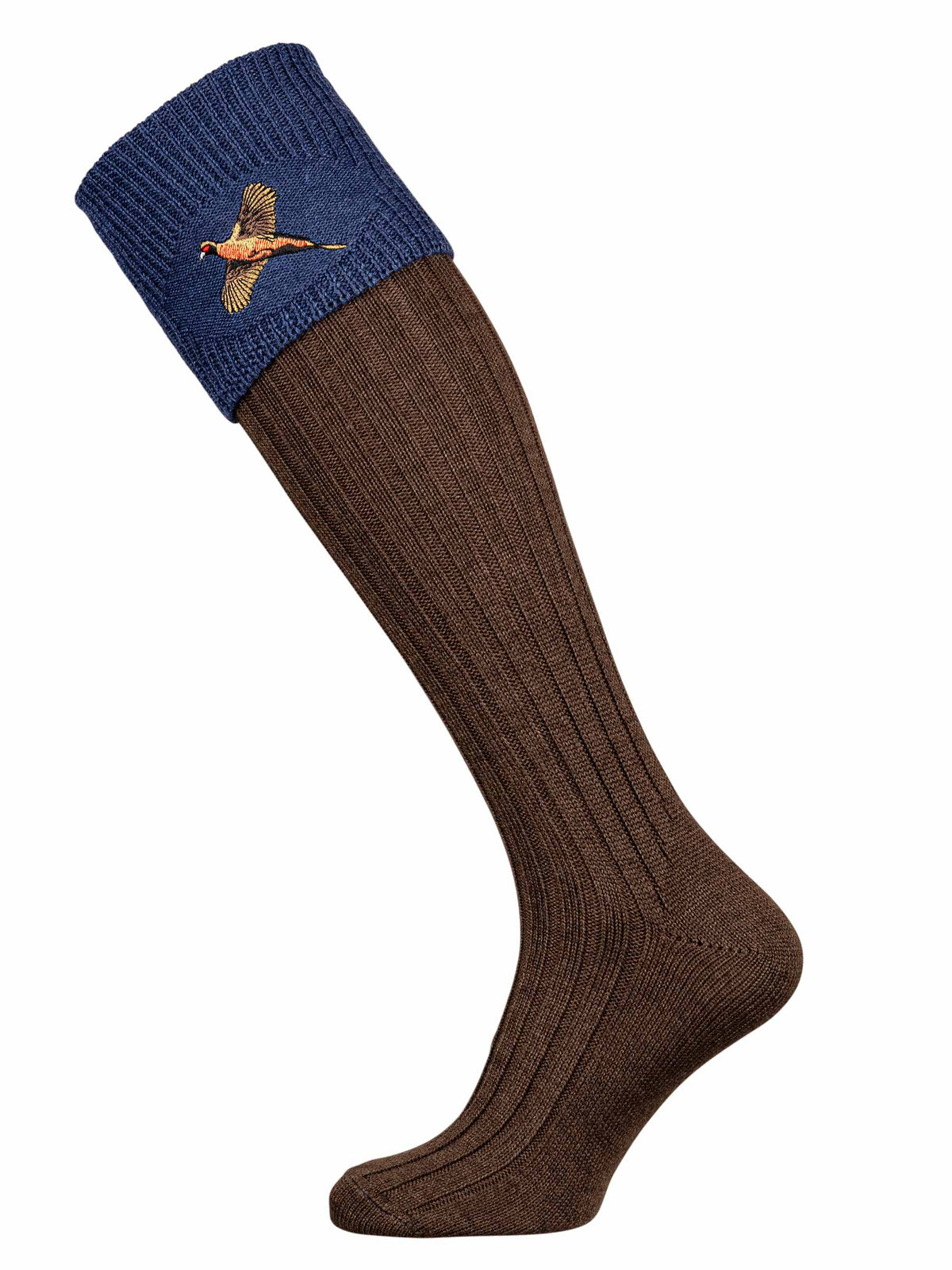 The Lomond Shooting Sock with Pheasant Embroidery. Truffle & St Andrews Blue