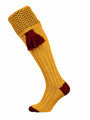 Sunflower Yellow Shooting Sock with burgundy and olive green pattern with an optional burgundy garter