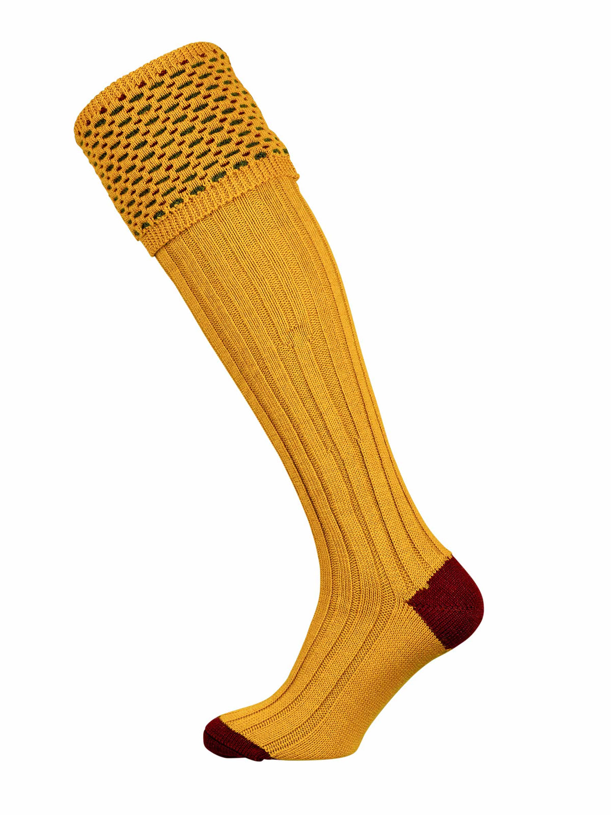 Sunflower Yellow Shooting Sock with burgundy and olive green pattern.