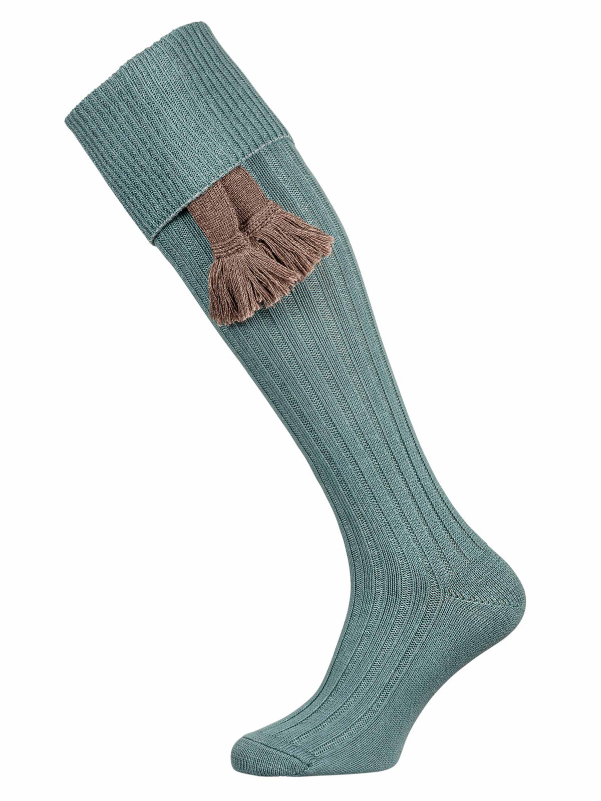 A lovat green plain full length knitted sock with turnover top and optional garter
