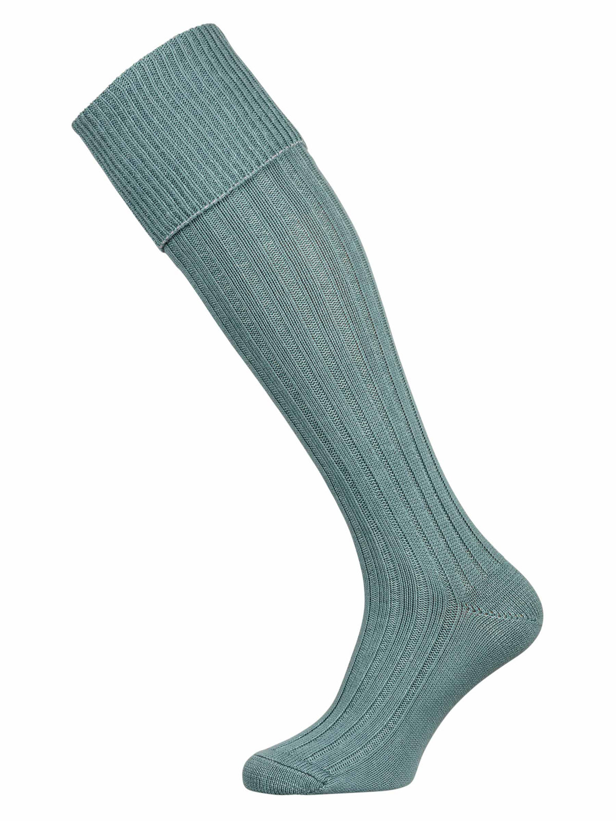 A lovat green plain full length knitted sock with turnover top.