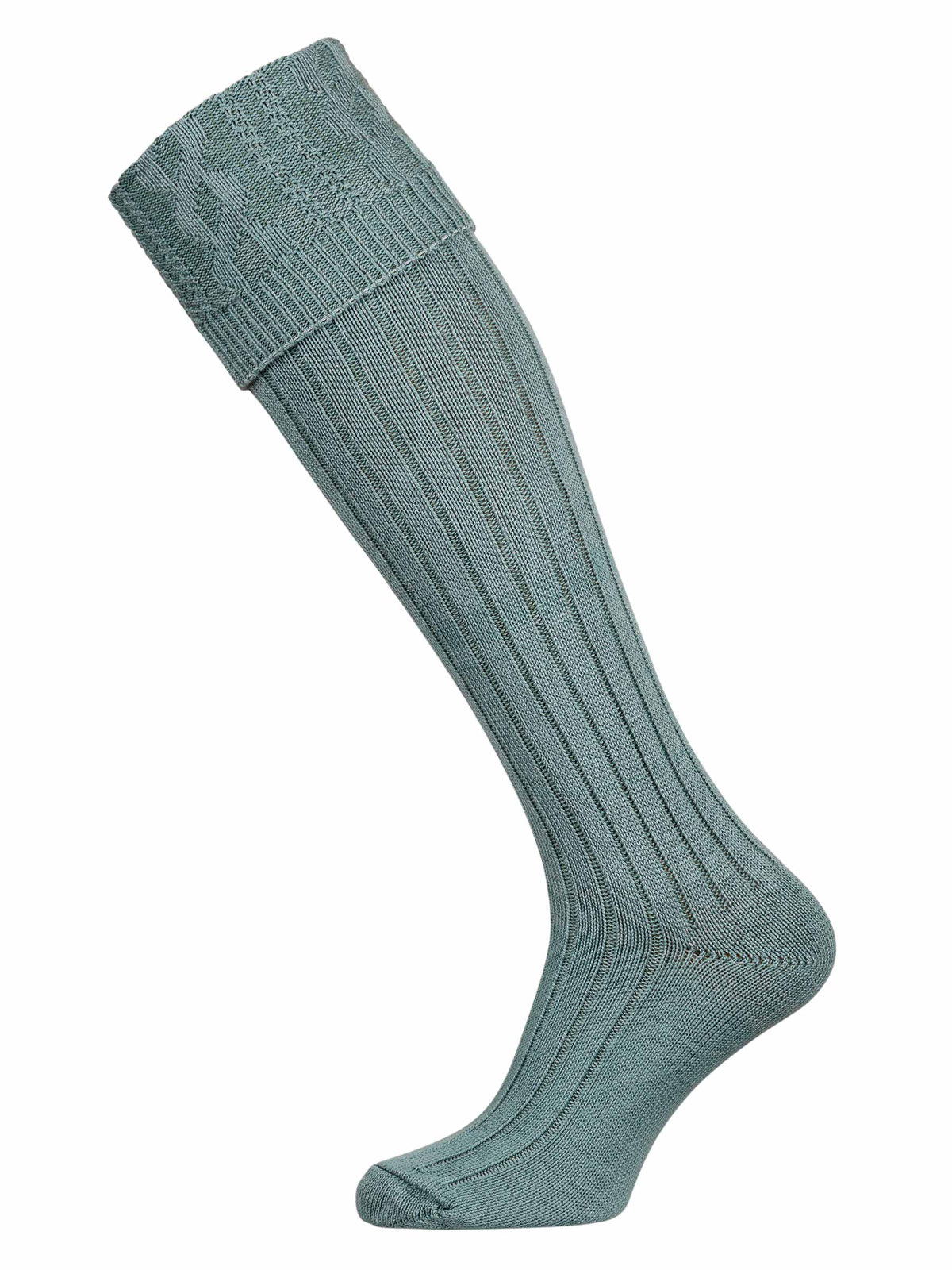 A plain cotton shooting sock with knitted cable detail in lovat green.
