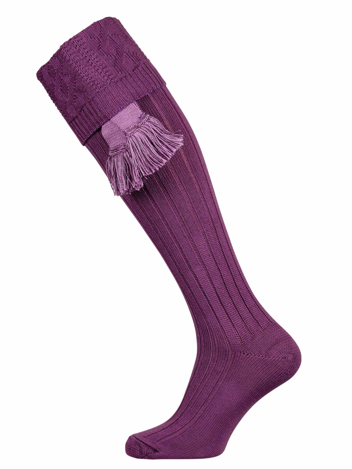 Berrington, Cable Knit Cotton Shooting Sock, Purple with an optional lilac garter tie.