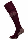 Full length burgundy knitted sock with turnover with cable pattern and optional matching garter tie.