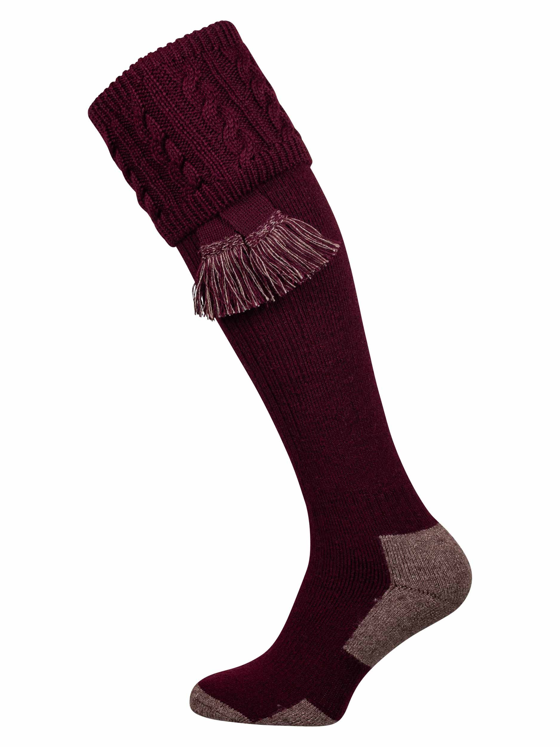 Full length burgundy knitted sock with turnover with cable pattern and optional matching garter tie.