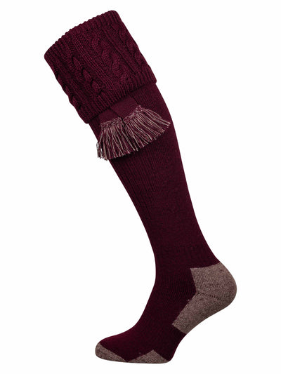 Full length burgundy knitted sock with turnover with cable pattern and optional matching garter tie.