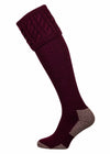 Full length burgundy knitted sock with turnover with cable pattern