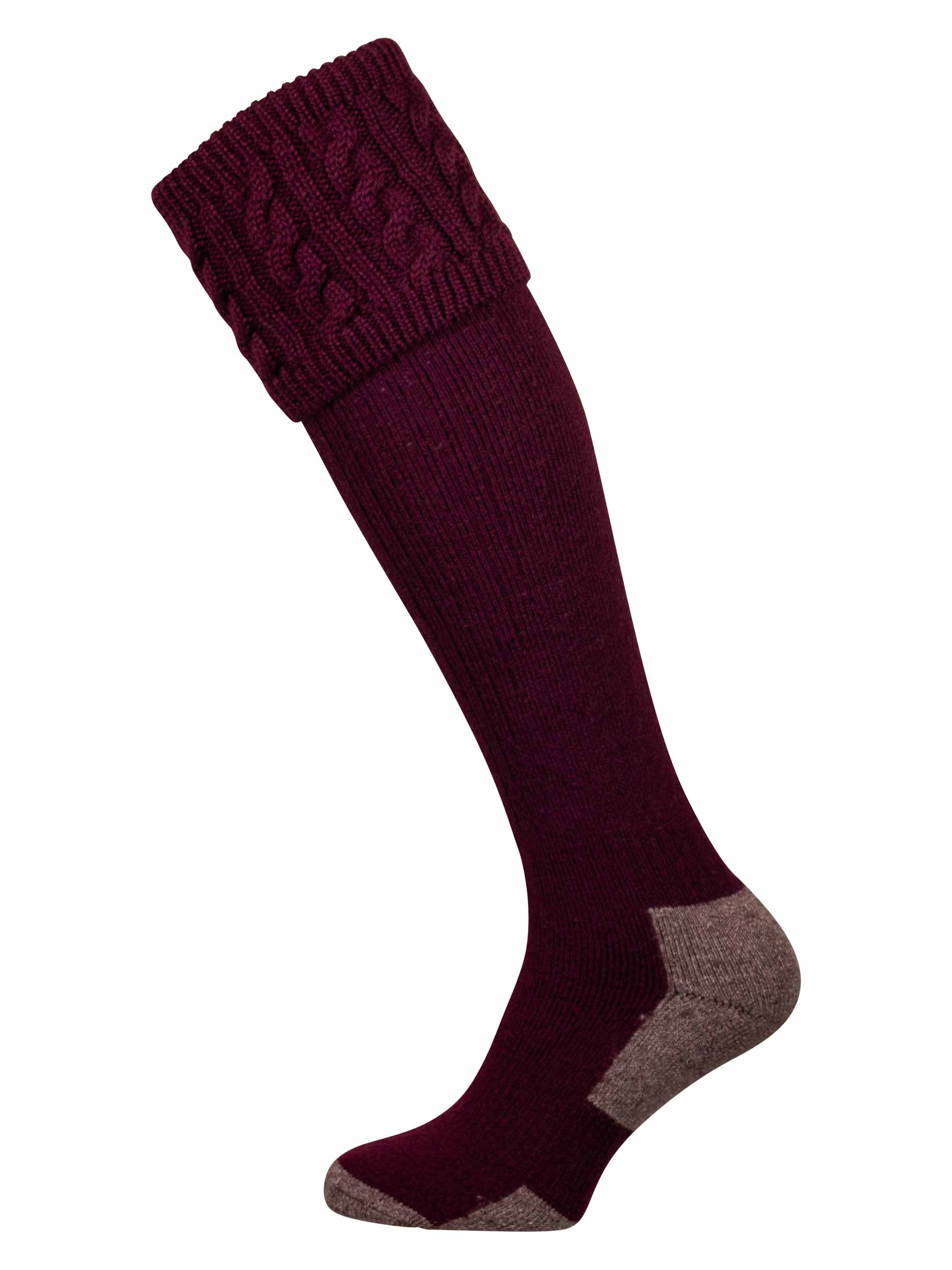 Full length burgundy knitted sock with turnover with cable pattern