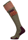 A contemporary technical shooting sock with supportive foot arch in dark olive with burgundy and orange pattern in the turnover