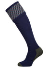 A contemporary technical shooting sock with supportive foot arch in navy blue with ancient blue and mulberry pattern in the turnover