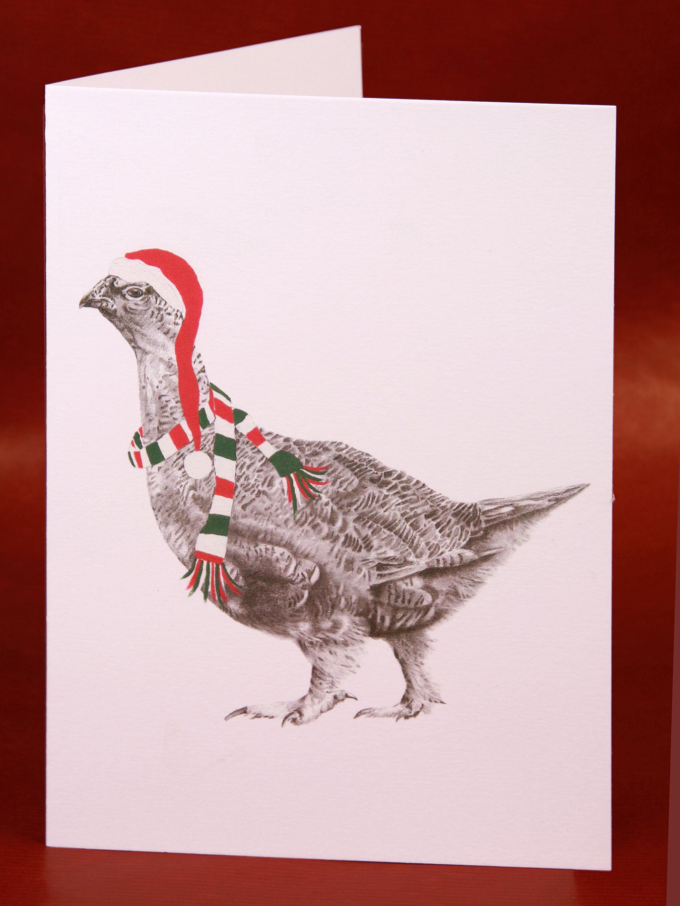Christmas Card of Grouse wearing a hat and a scarf