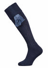 Full length knitted cotton sock with turnover and full cushion foot. Optional blue mix garter tie.