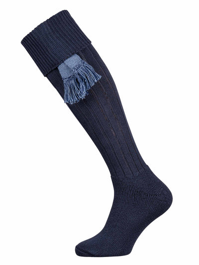 Full length knitted cotton sock with turnover and full cushion foot. Optional blue mix garter tie.