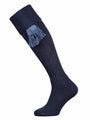 Full length knitted cotton sock with turnover and full cushion foot. Optional blue mix garter tie.