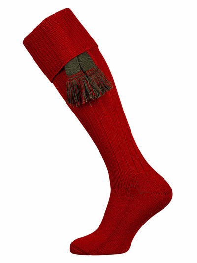 Crimson red knitted shooting sock with terry lined cushion foot and optional dark green garter tie