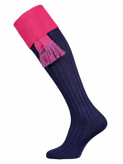 Navy blue cotton shooting sock with bright pink turnover and optional pink garter