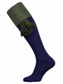 Navy blue shooting sock with a moss green turnover, knitted from 90% premium cotton, with optional green garter tie.