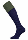 Navy blue ribbed cotton shooting sock with moss green turnover.