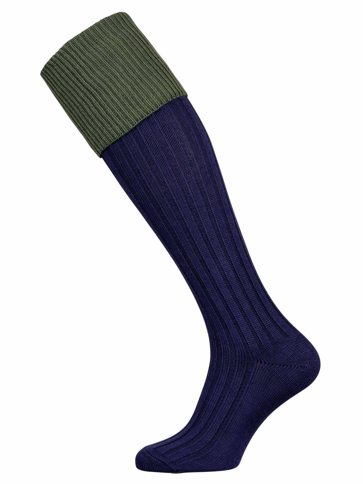 Navy blue ribbed cotton shooting sock with moss green turnover.