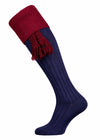 Navy blue cotton shooting sock with burgundy turnover and optional burgundy garter.