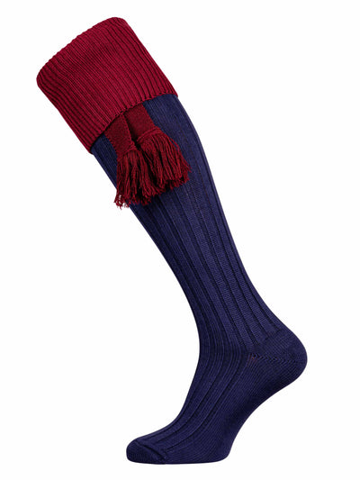 Navy blue cotton shooting sock with burgundy turnover and optional burgundy garter.