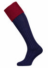 Navy blue cotton shooting sock with burgundy turnover.
