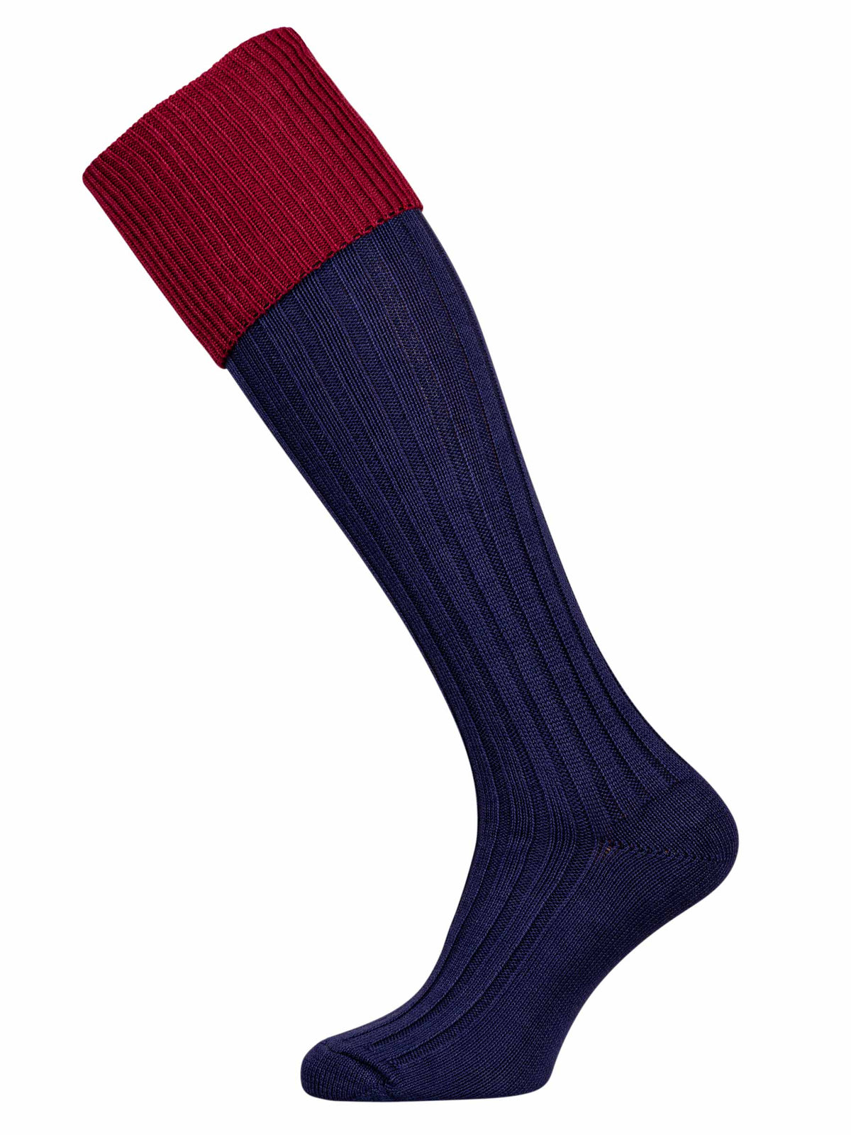 Navy blue cotton shooting sock with burgundy turnover.