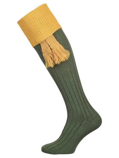 A green knee length cotton sock with gold turnover top for shooting