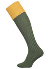 A green knee length cotton sock with gold turnover top for shooting