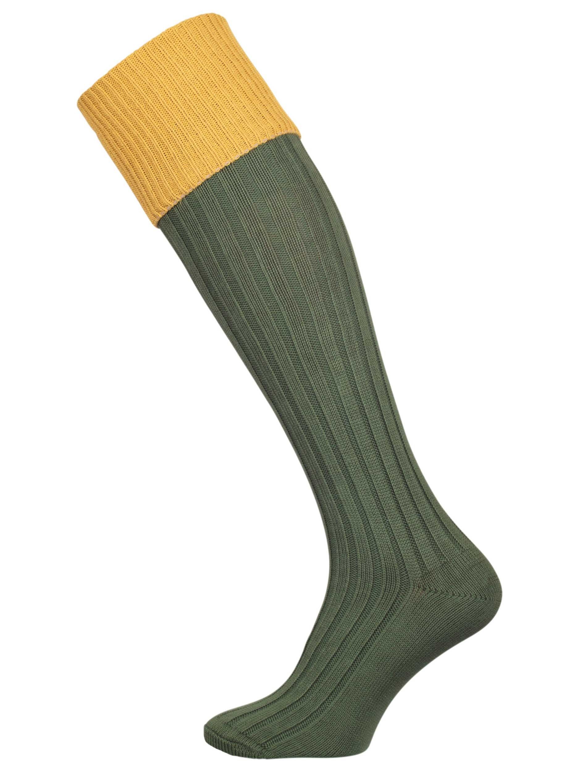 A green knee length cotton sock with gold turnover top for shooting