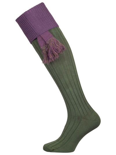 A green knee length cotton sock with purple turnover top for shooting
