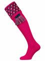 Bright pink men's shooting sock with navy, dark green, taupe and burgundy pattern, includes co-ordinating garter.