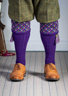 Long knitted shooting socks in bright purple with a ribbed leg, features 4 different colours in the argyle pattern turnover top.