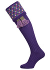 Long knitted shooting socks in bright purple with a ribbed leg, features 4 different colours in the argyle pattern turnover top.